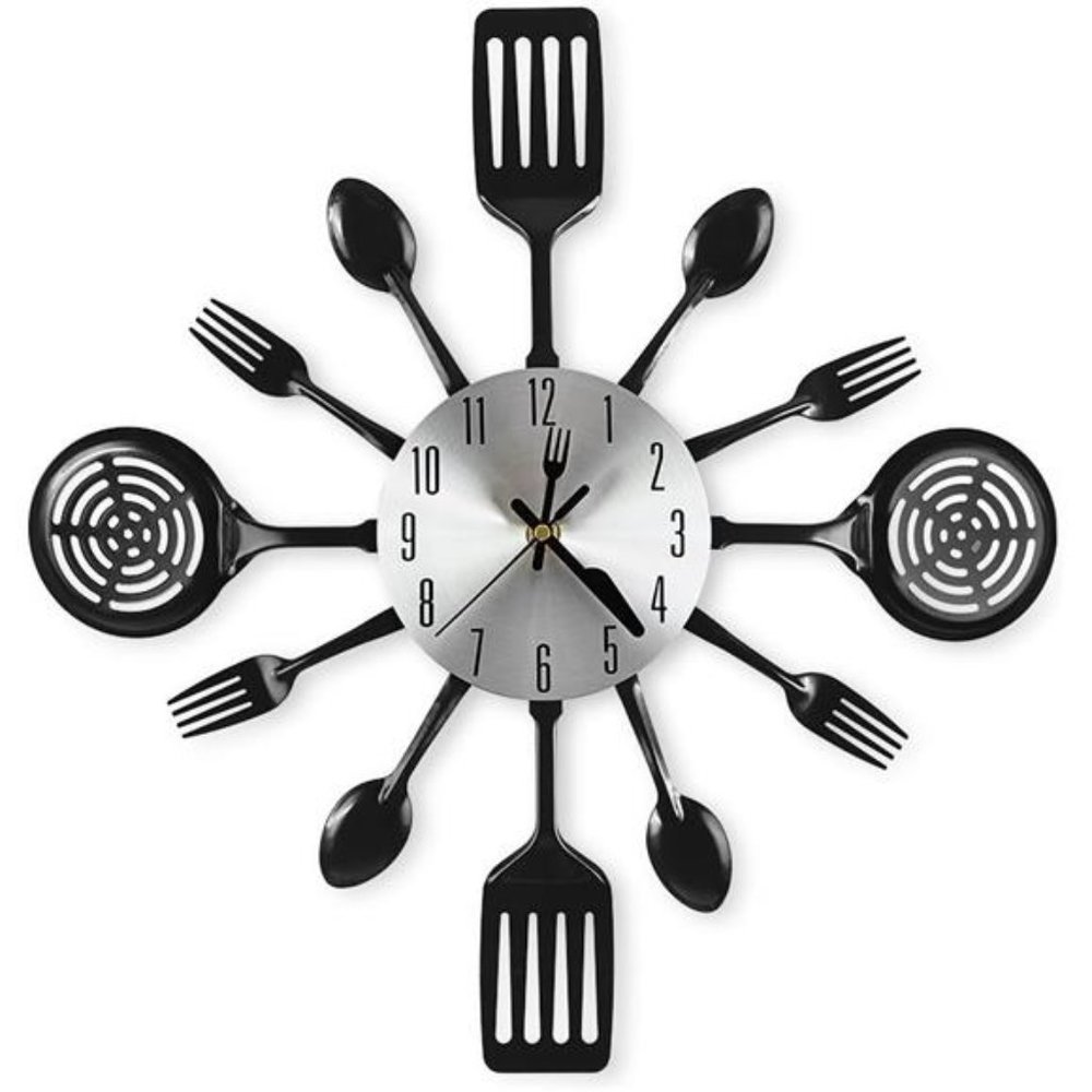 16 Inch Large Kitchen Wall Clocks with Spoons and Forks Home Decor, Black